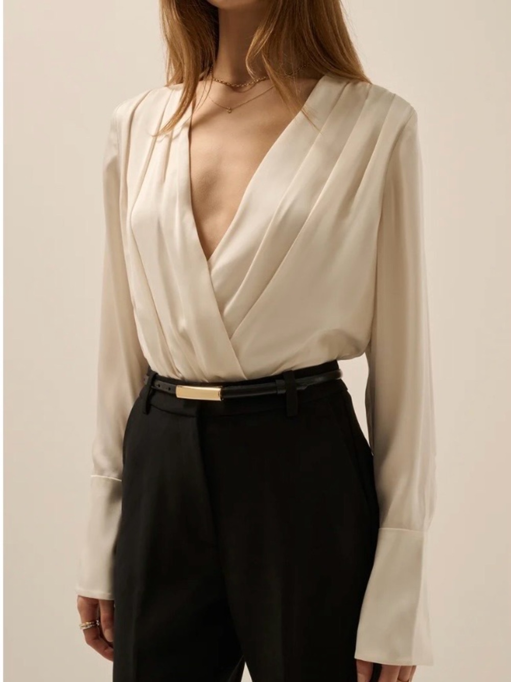 Favorite Daughter The Date Blouse Ivory Satin Bodysuit Size S $198